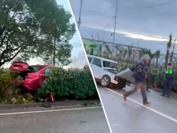 Автомобиль улетел в кусты после столкновения в Адлере